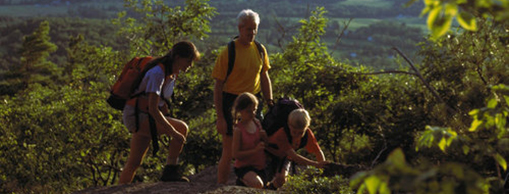A family on a hiking trail surrounded by green foliage