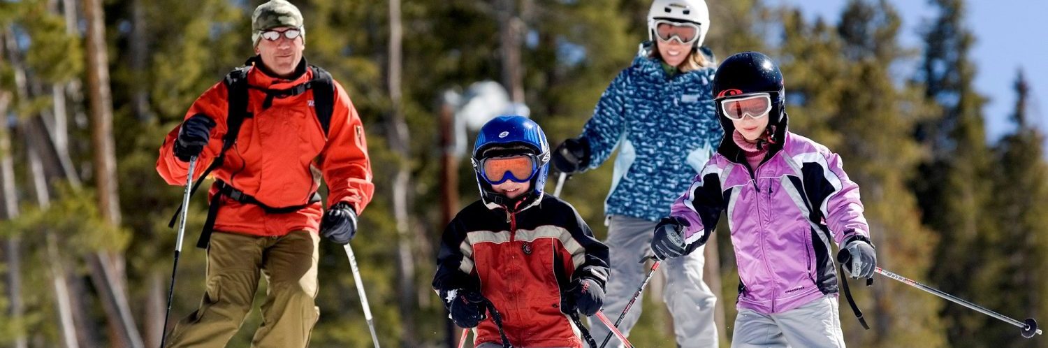 Adults and kids skiing down a mountain.