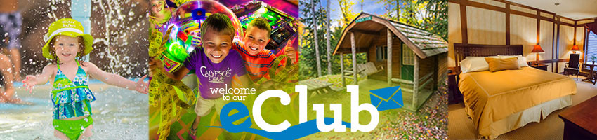a little girl playing in a sprinkler next to her a smiling boy holding a lot of tickets, next to him a cute cabin in thee woods, and next to that a nice hotel room, and over the images welcome to our club logo is written
