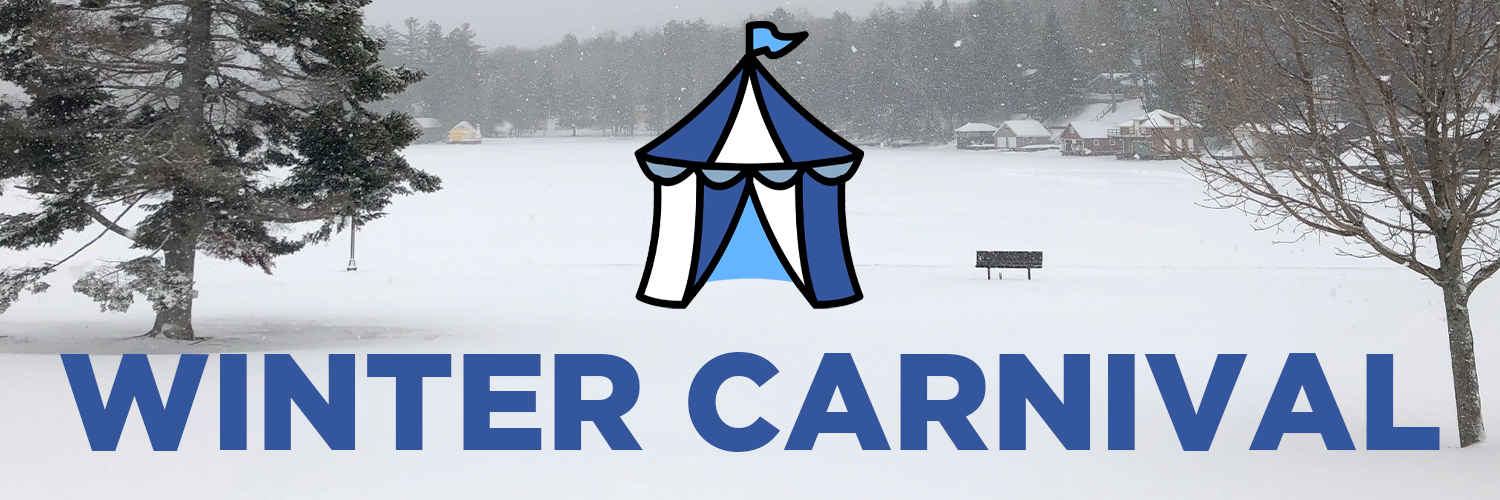 Winter Carnival banner. The text is in blue font. In the background is a picture of the lake during the winter season.