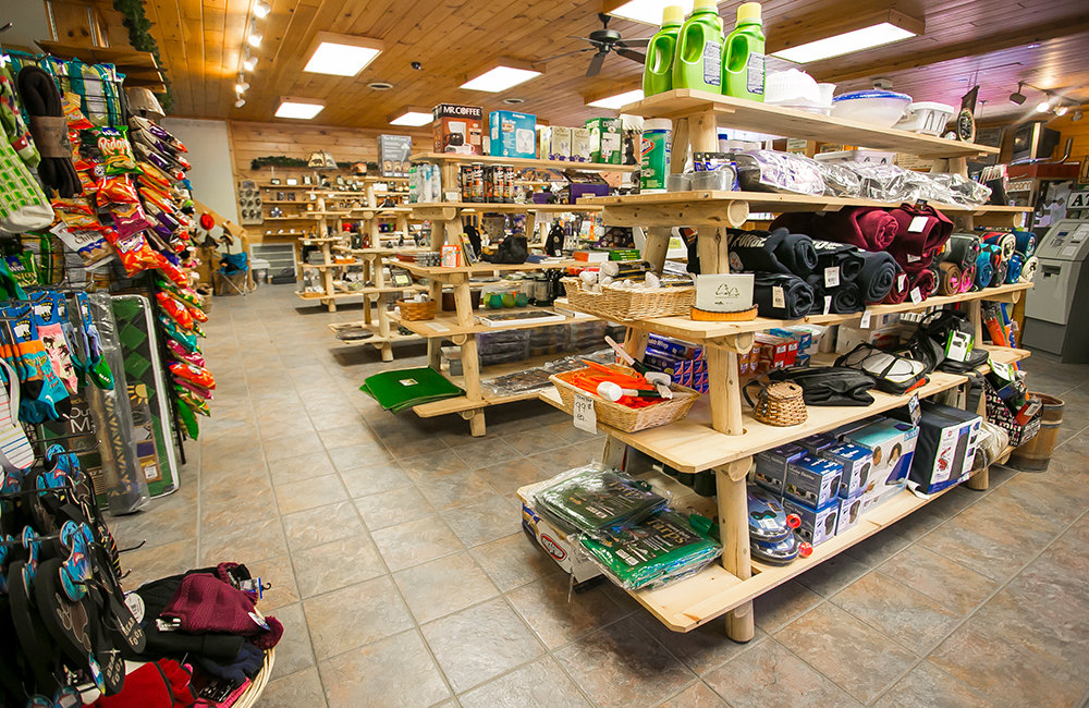 The inside of the gift shop at the Camping Resort. The gift shop has many different items for people to purchase.