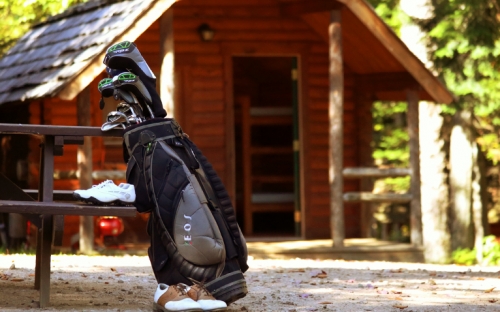 A bag of gold clubs leaning on a picnic table outside of a wooden cabin