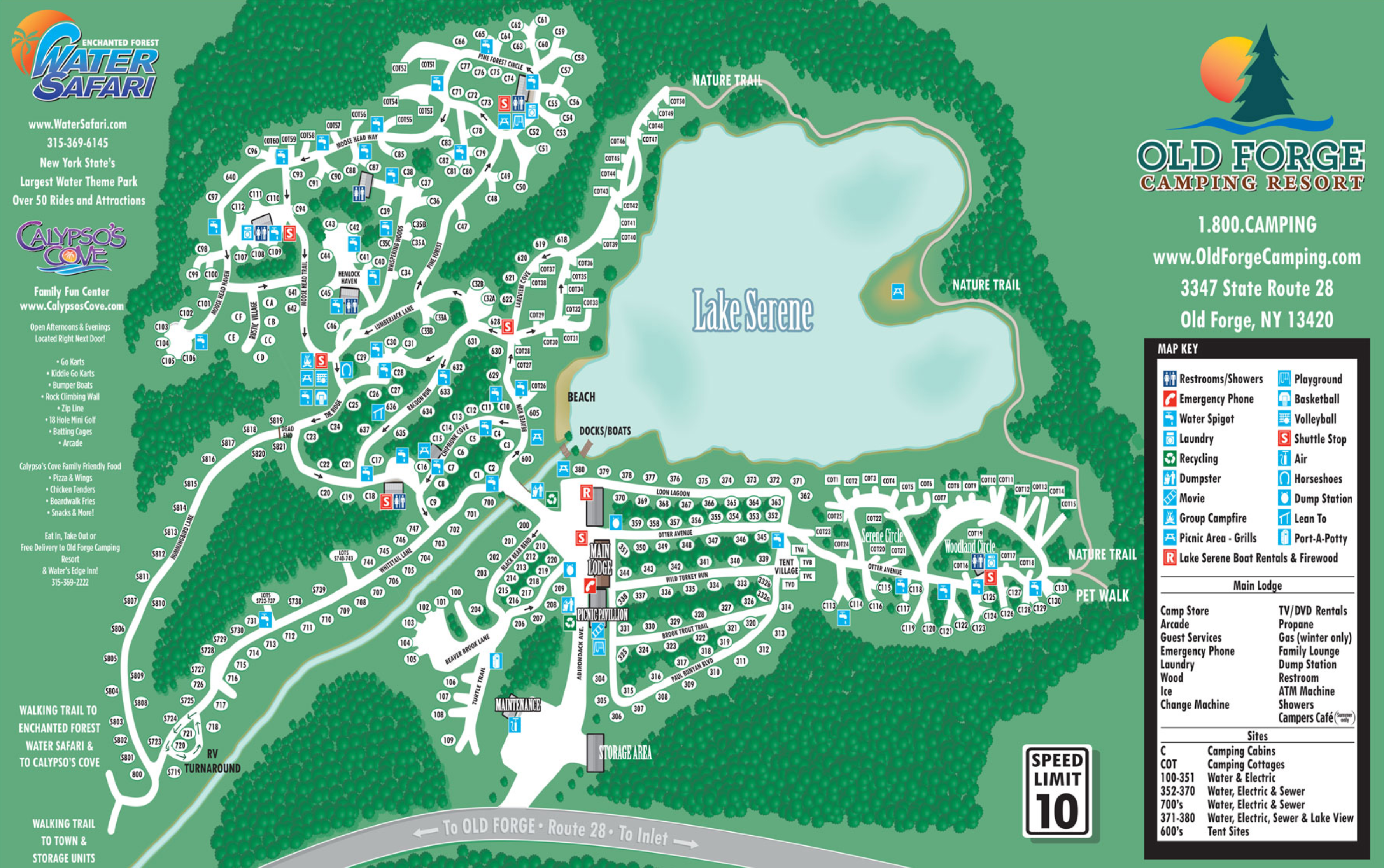 A map of old forge including the water safari resort properties it has water safari, calypsos cove, and old forge camping resorts information as well as a map key with important aspects such as restrooms, emergency phones, and playgrounds, the wording on the picture is small and hard to read