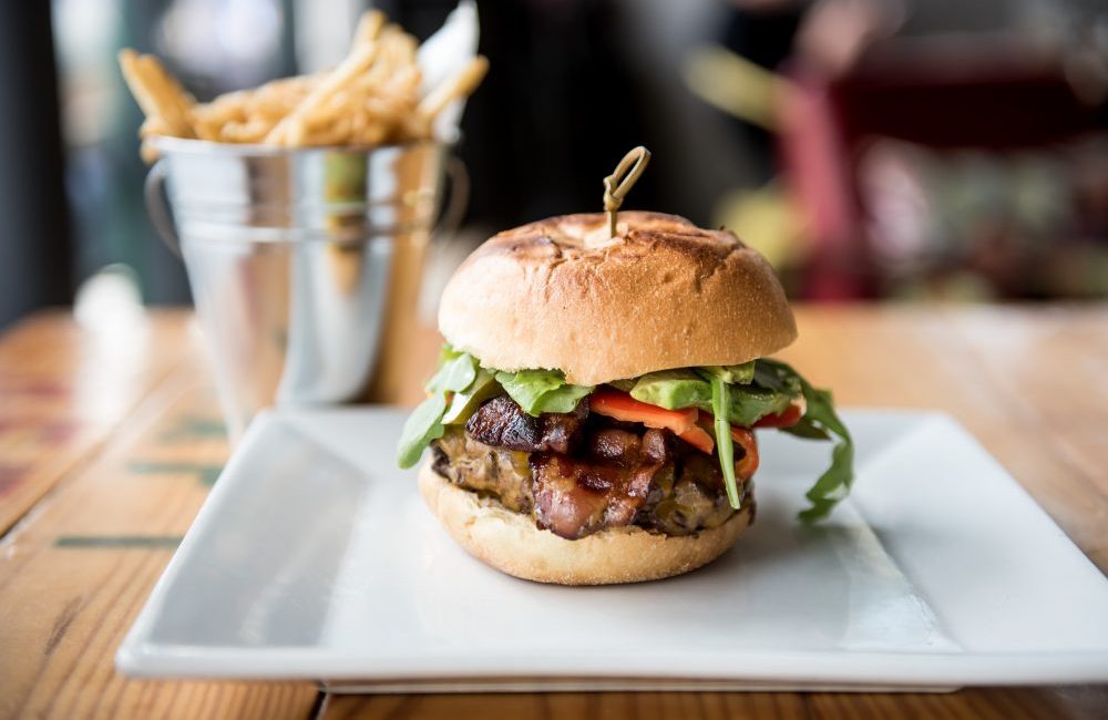 A picture of a burger and fries.