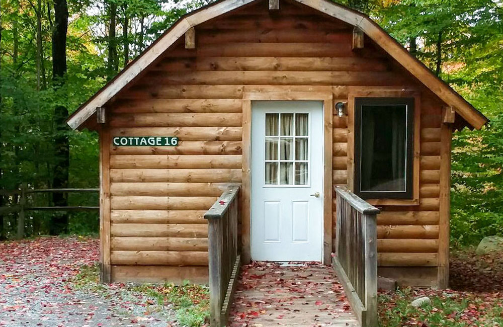 wooden cottage, outside, trees